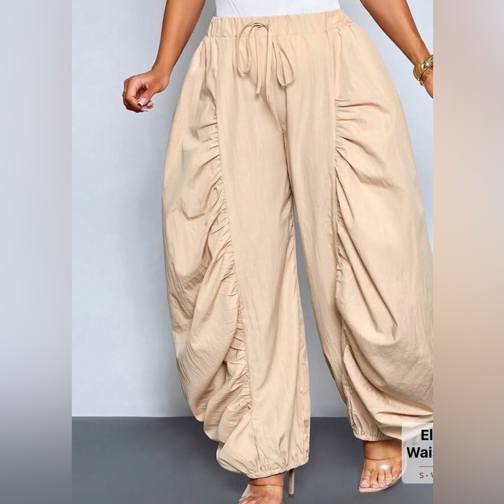 Women's Beige Ruched Wide-Leg Pants